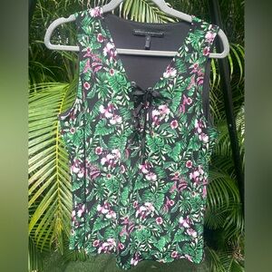 White House Black Market Sleeveless Matte Jersey Lace-Up Top Tropical Print